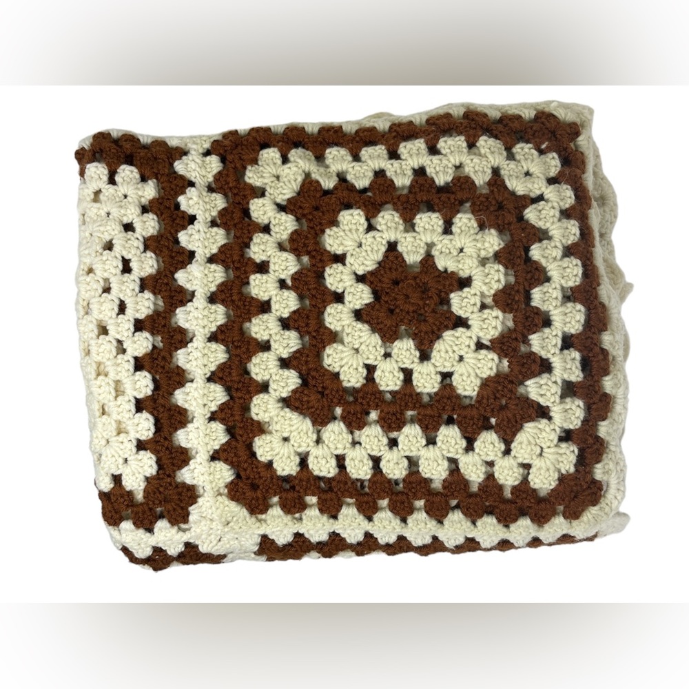 Vintage Afghan Crochet Blanket Ivory Brown with Orange Flowers 70s Retro Boho